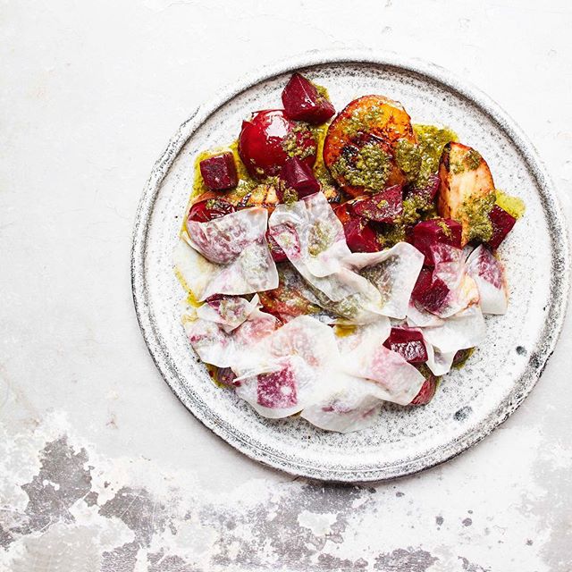 Pickled kohlrabi mosaic with burnt fruits from the new @atlasdining cookbook.