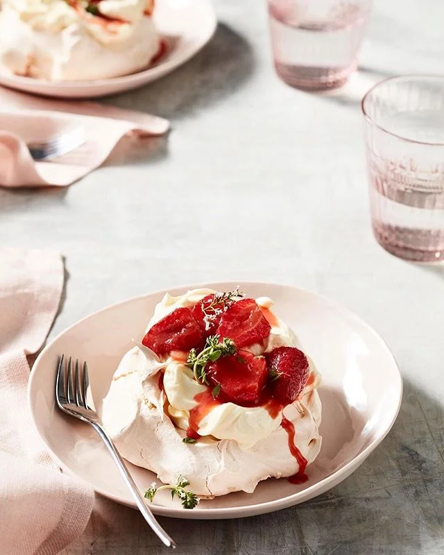 Brown sugar pavs with rosewater strawberries