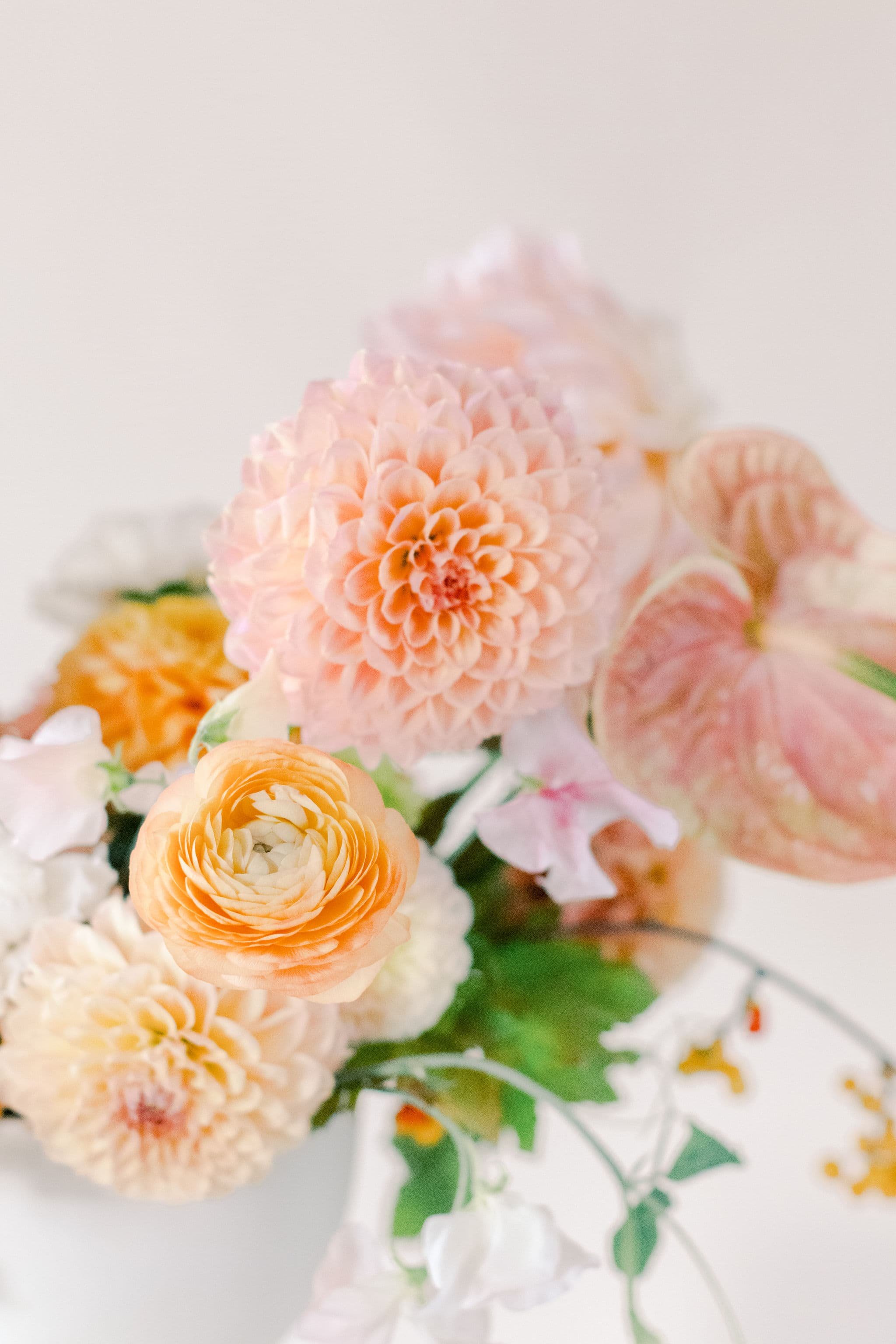  A fall arrangement designed by Twig &amp; Bloom in bright peach and soft orange tones.  