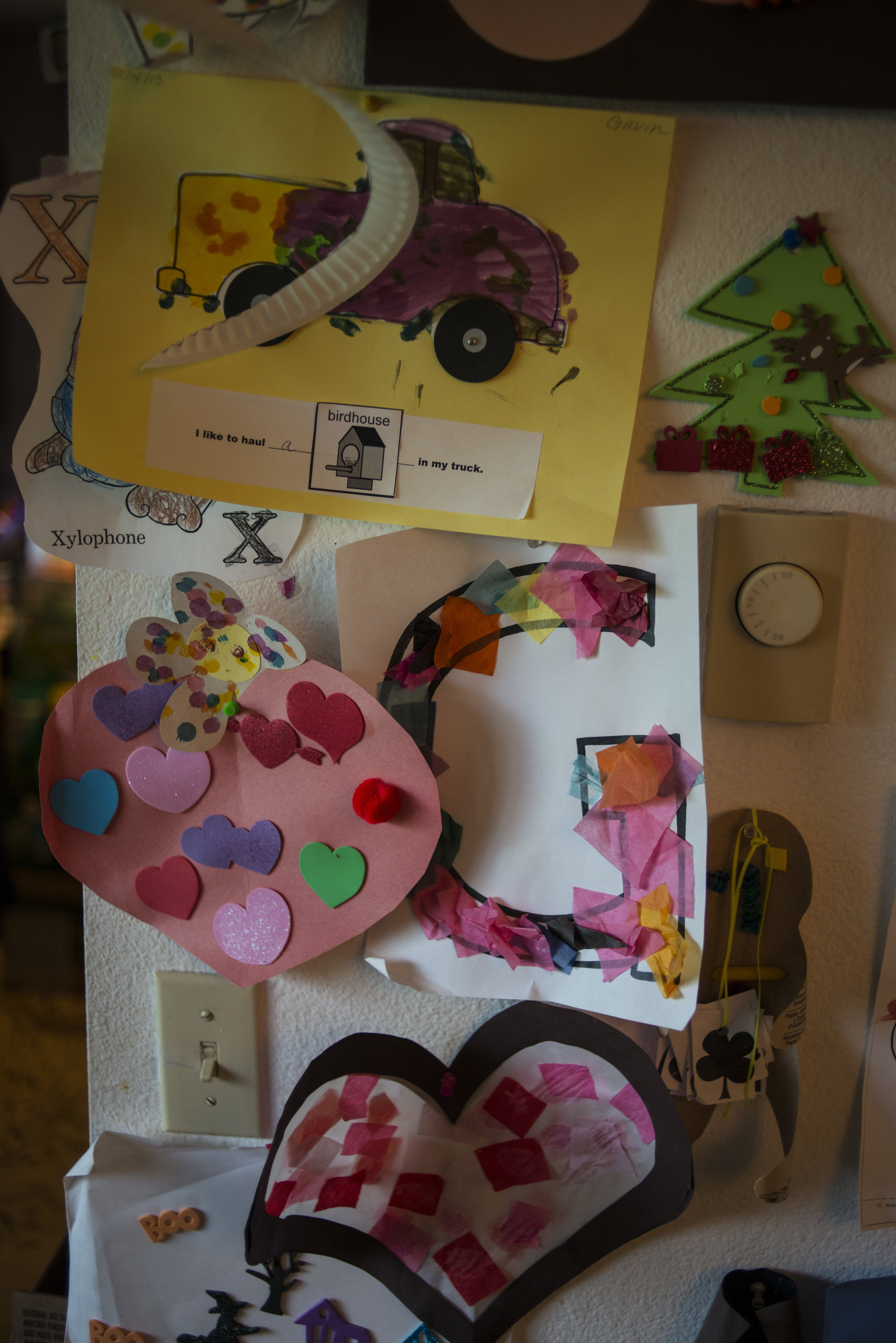 Gavin's artwork is displayed throughout the house along with his other two siblings' work. Gavin's mom has kept every piece of art that he has created over the years since he started homebound schooling. 