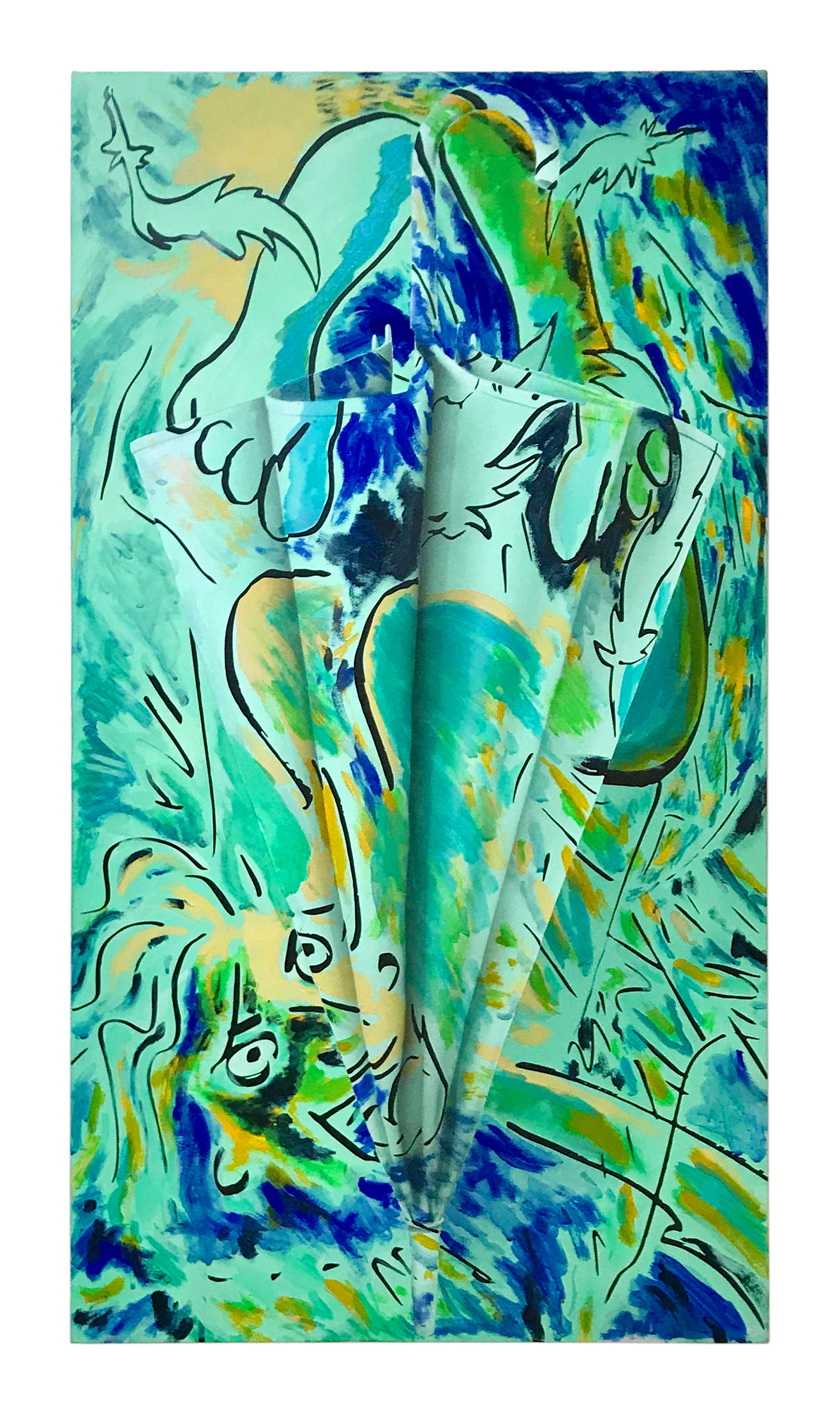 Cole Sayer Feathers acrylic, alashe, ink and watercolor on canvas, 36 x 19 inches, 2017