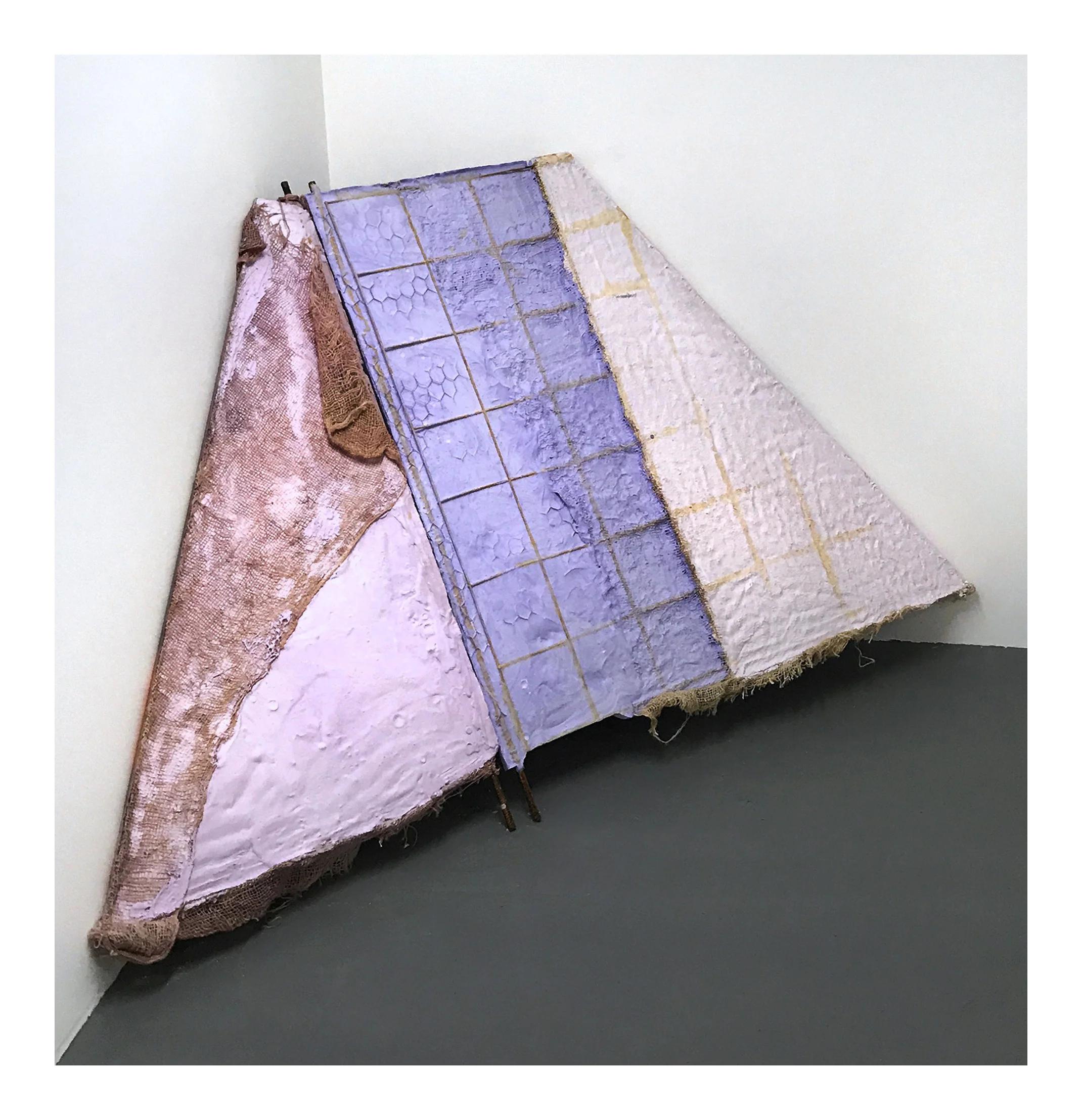 John Szlasa Ragamuffin pigmented hydrocal, dyed burlap, steel, rebar, 60 x 72 inches, 2017