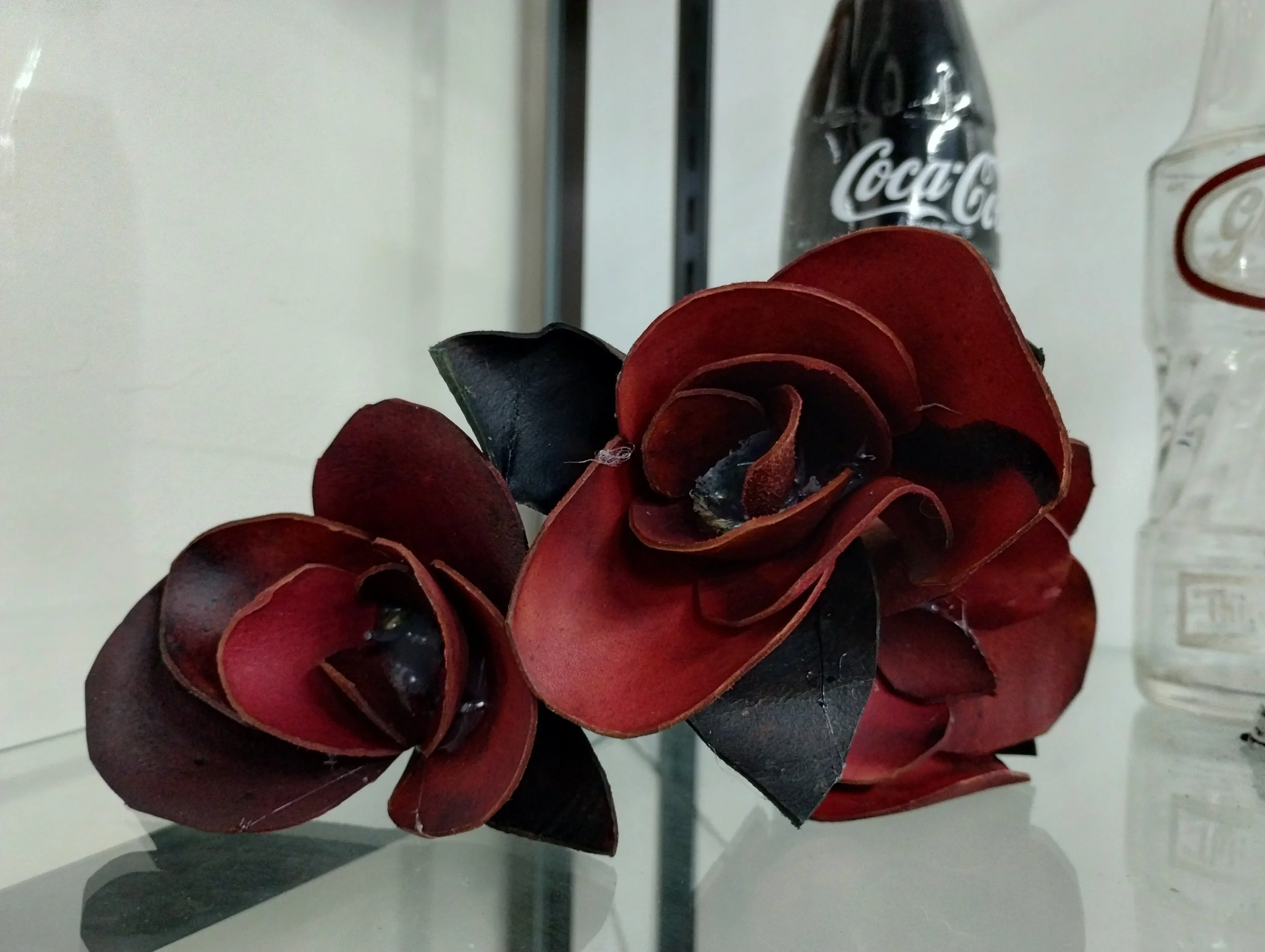  Close up of some of the leather roses.  Learn how to make these roses at  https://www.instructables.com/Making-a-Leather-Rose/  