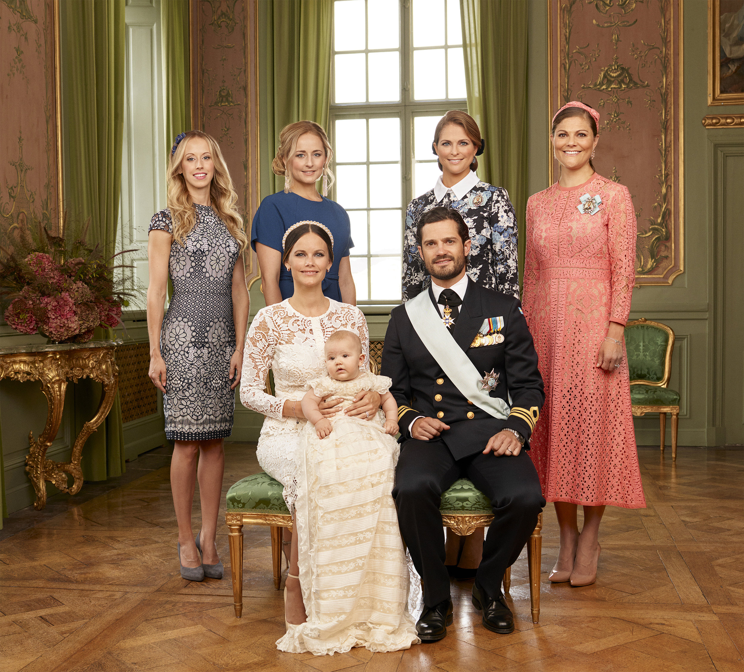Princess Madeleine, back row second from left. Pictured with sister, Crown Princess Victoria; brother, Prince Carl Philip; sister-in-law, Princess Sofia; Sofia's sister, Lina; and Sofia's other sister, Sara. Photo: Mattias Edwall, The Royal Court, Sweden