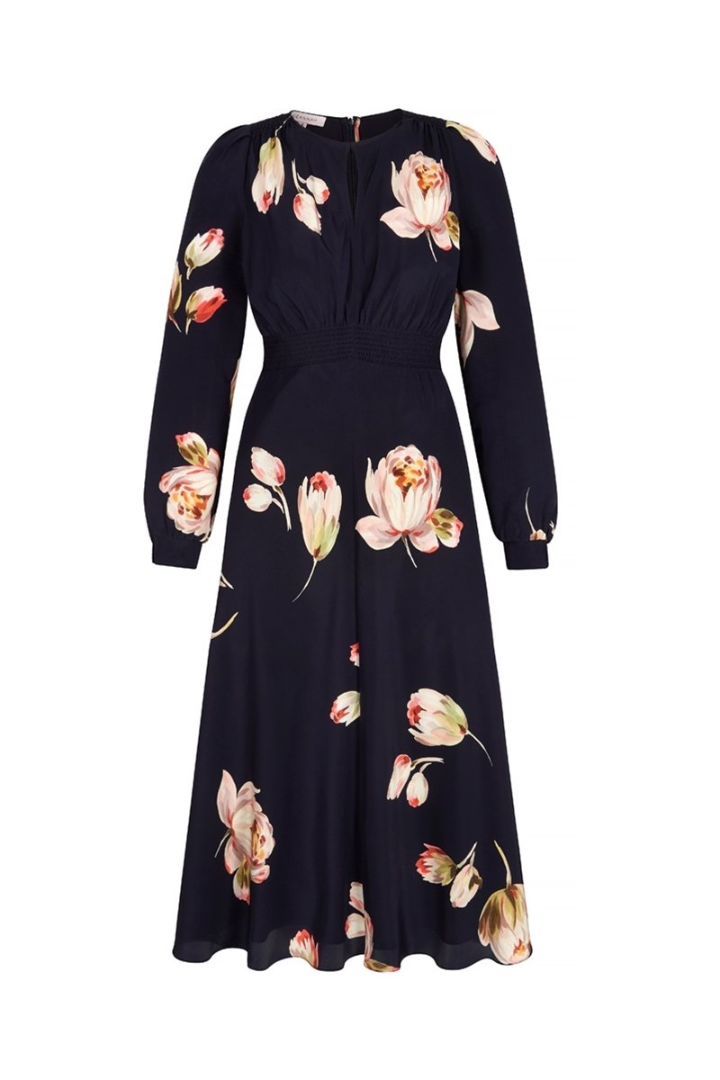 Suzannah Odette Silk Tea Dress in Navy Peony — UFO No More