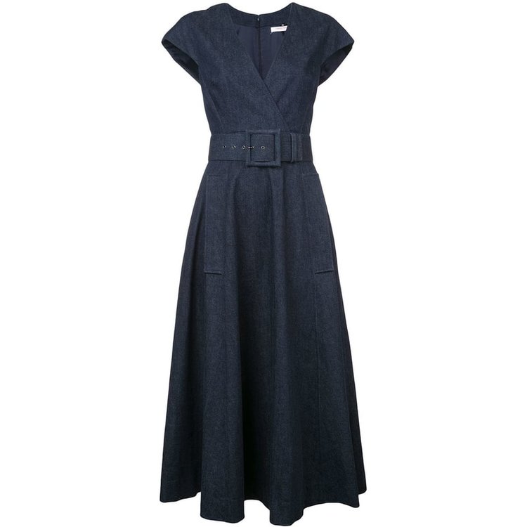 carolina herrera off-the-shoulder ruched denim midi dress Carolina Herrera Off-The-Shoulder Ruched Denim Midi Dress — UFO No More