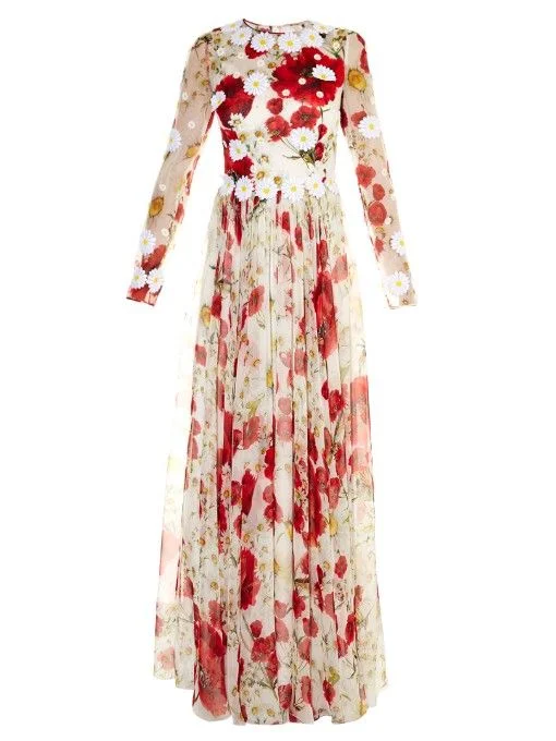 Dolce & Gabbana Daisy-Applique Poppy-Print Gown