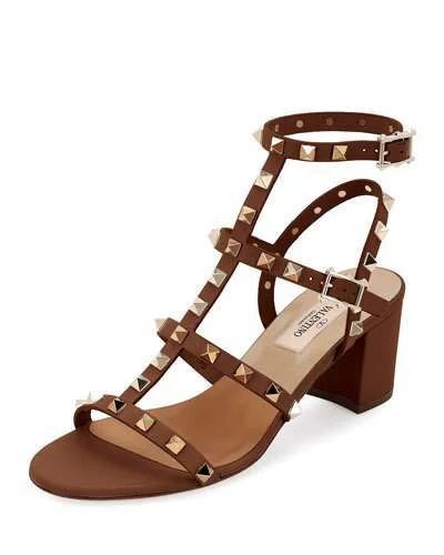 Valentino Rockstud Block Sandals in Brown — UFO More