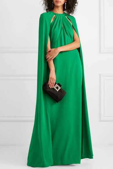 Marchesa Notte Cape-Effect Crepe Gown in Green — UFO No More