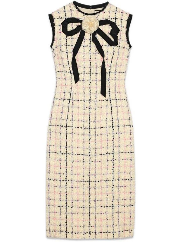 Gucci Sleeveless Tweed Bow Sheath Dress