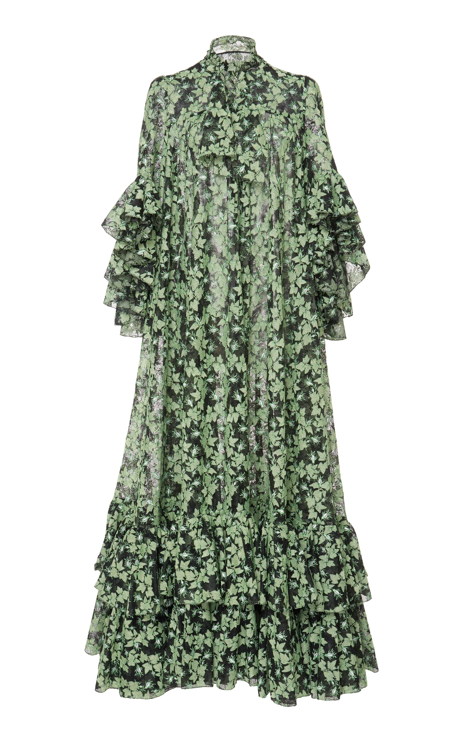 Giambattista Valli Long Embroidered Ruffle Dress with Neck Tie