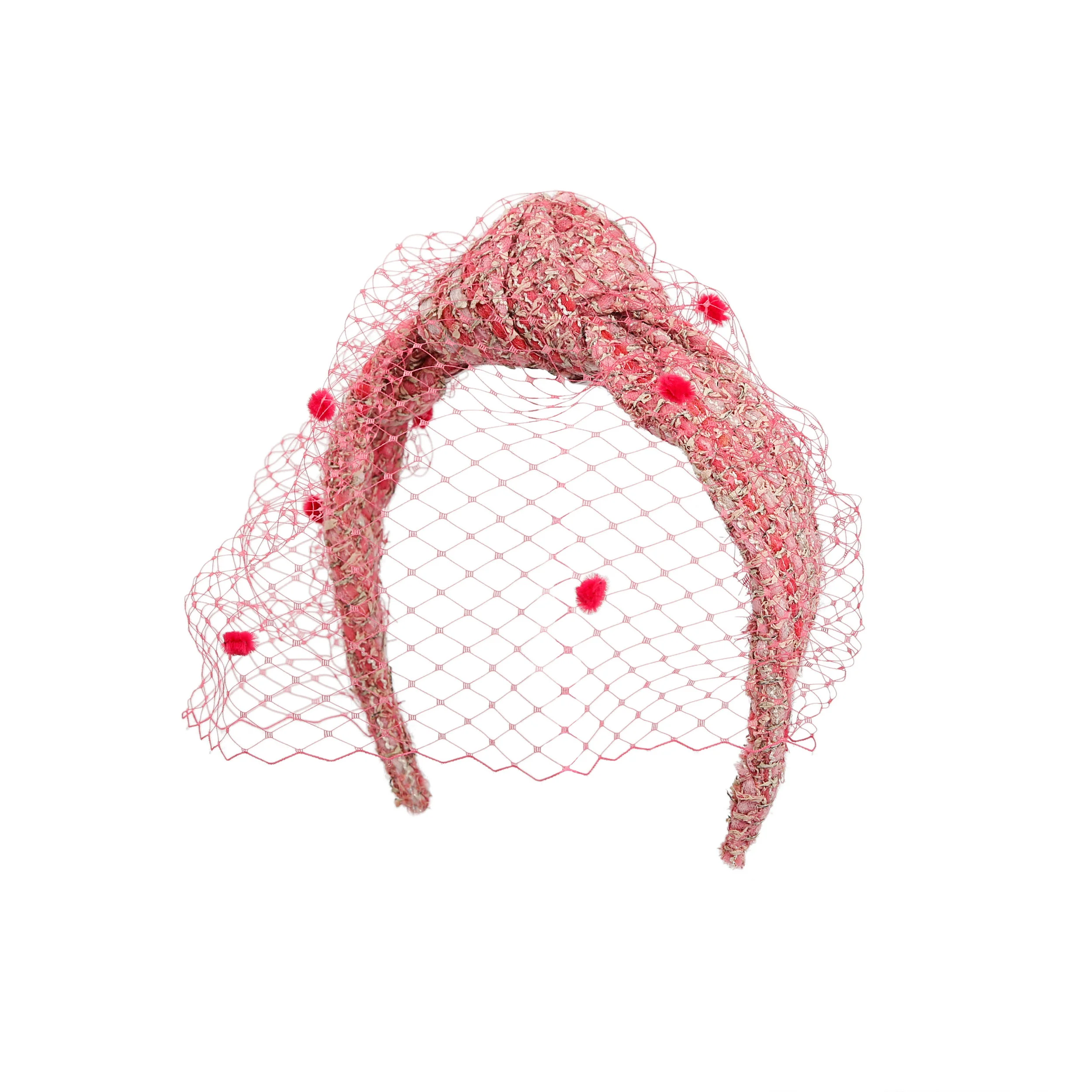 Fernanda Lewis Millinery Veiled Knot Headband in Pink Tweed
