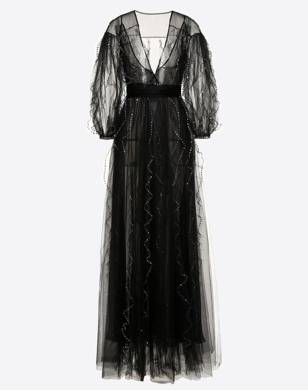 Valentino Puff-Sleeve Embroidered Tulle Gown in Black