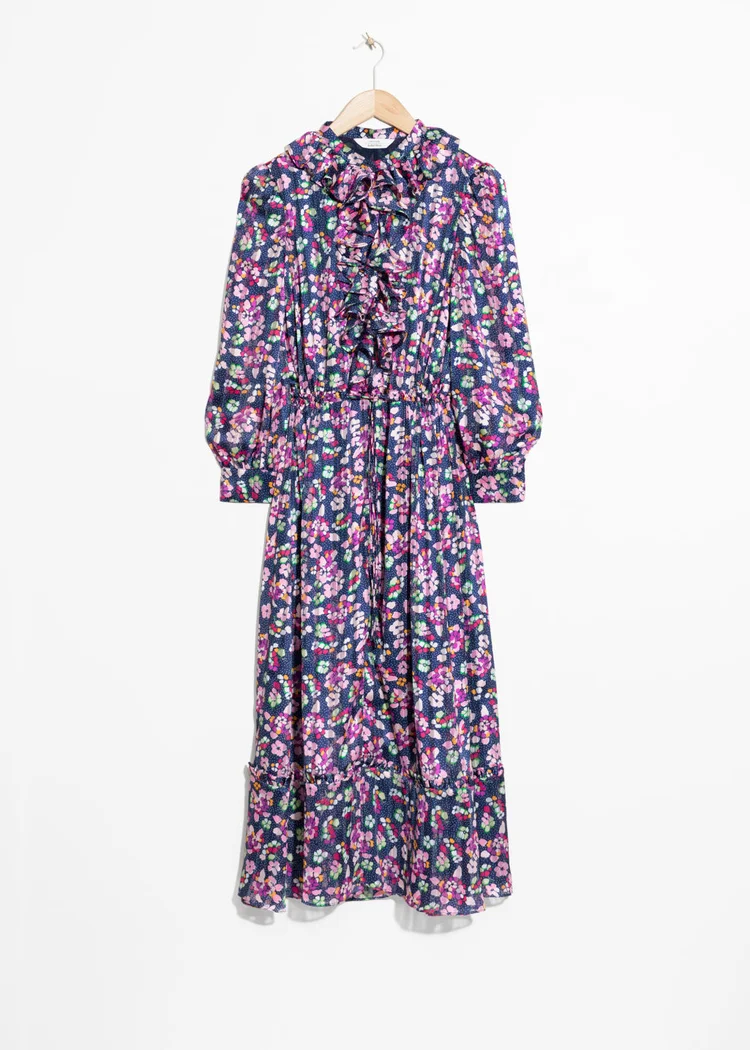 floral chiffon midi dress with sleeves Pink Floral Chiffon Puff Sleeve Plus Midi Dress