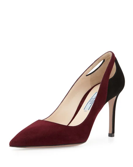 Prada Bicolor Cutout Point-Toe Pumps in Granato Suede