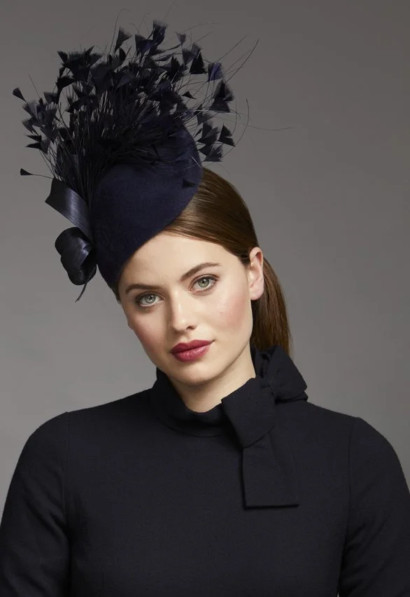 Juliette Botterill Feather Bow Teardrop Hat in Navy