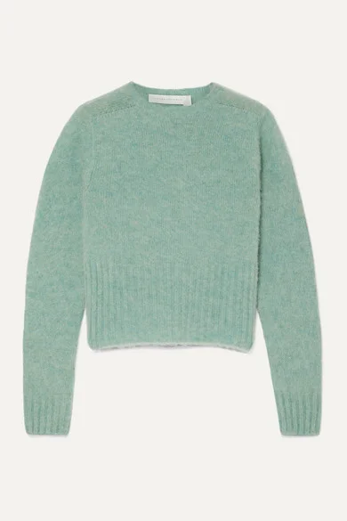 Victoria Beckham Cropped Mélange Wool Sweater in Mint