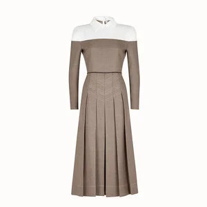 Fendi Pleated Wool-Blend Tweed Dress in Taupe