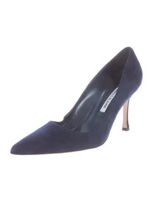 Manolo Blahnik Pointed Toe Pumps in Navy Suede