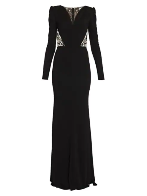 Alexander McQueen V Neck Long Sleeve Gown in Navy Velvet