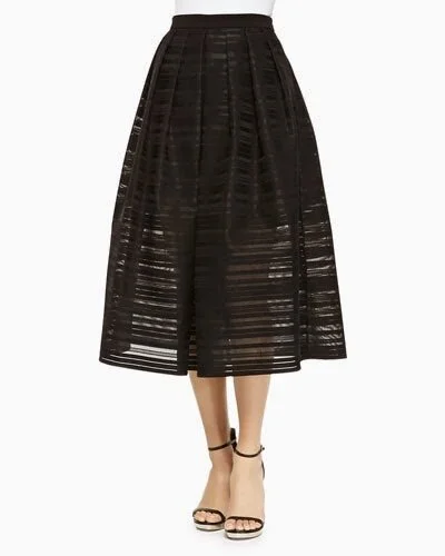 Tibi Black Ribbon Organza Pleated Midi Skirt
