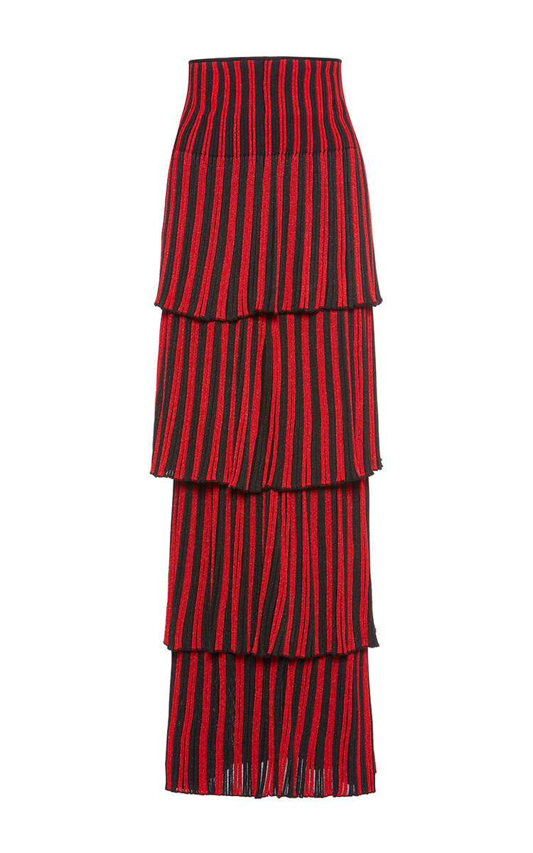 Sonia Rykiel Metallic Striped Stretch-Knit Tiered Midi Skirt in Red.jpg