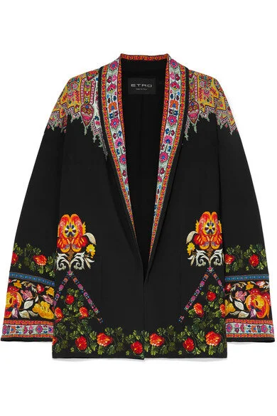 Etro Floral-Print Twill-Trimmed Cady Jacket in Black