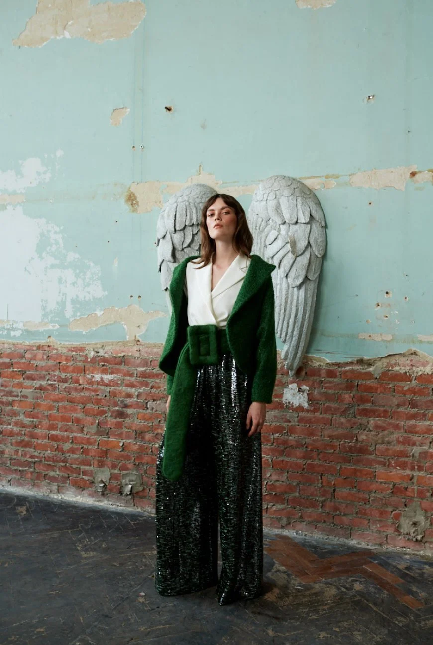 Natan Wide-Leg Sequin Trousers in Green