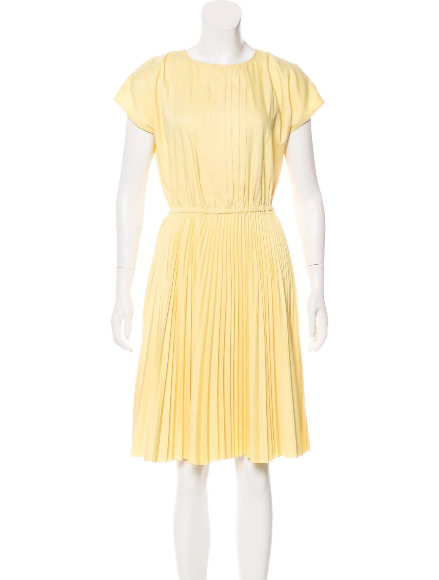 Prada Cap Sleeve Pleated Knee-Length Dress in Yellow