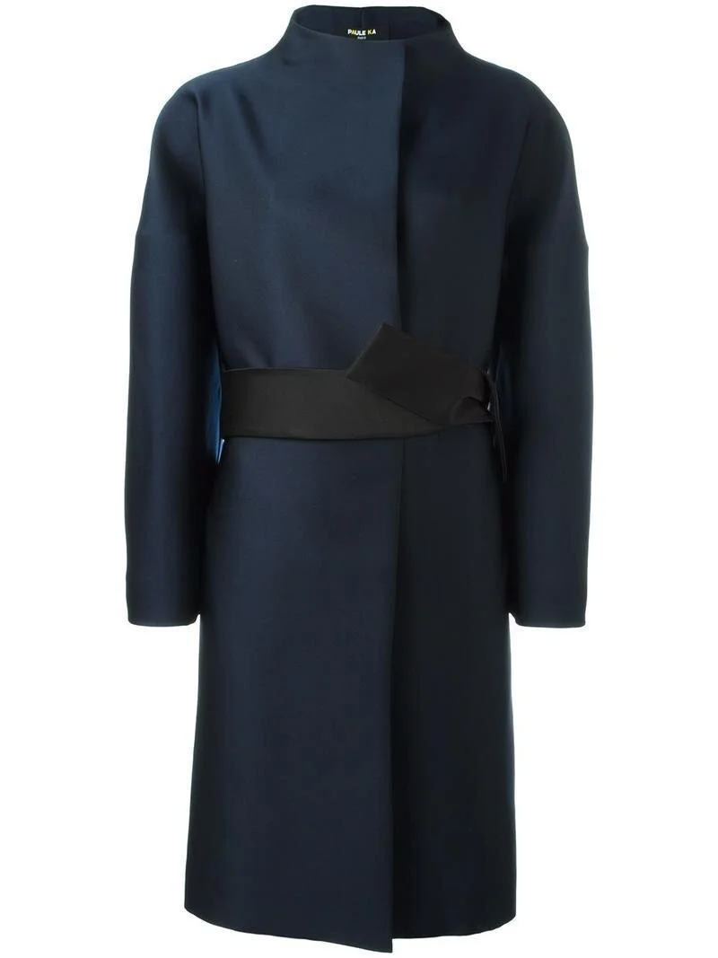 Paule Ka Funnel Neck Belted Coat in Blue