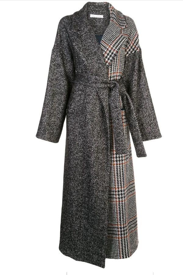 Oscar de la Renta Mixed Checked Belted Coat in Grey — UFO No More