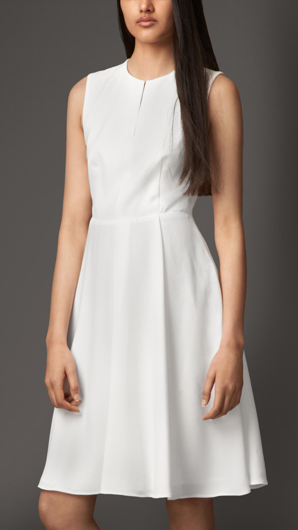 Burberry London Satin Back Crepe Dress with Split Neckline in White.jpg