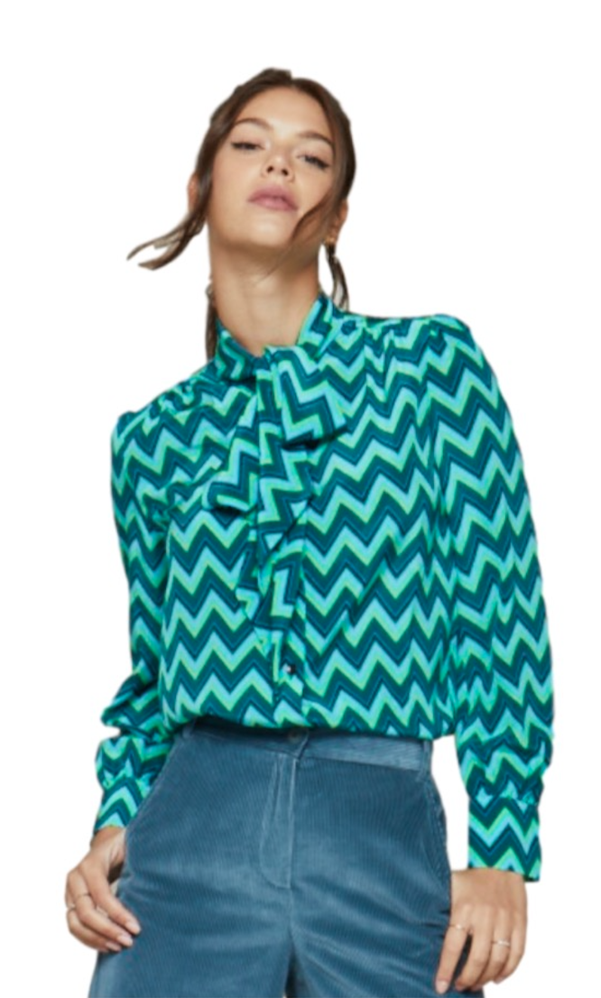 Tabitha Webb Pansy Pussy Bow Blouse in Green Chevron