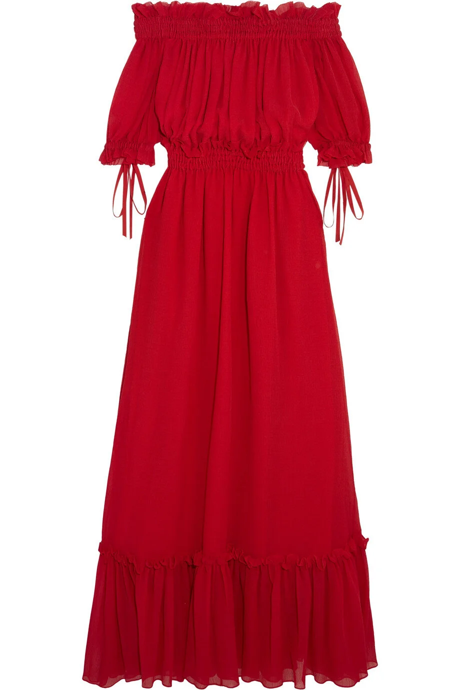 Alexander McQueen Off-the-Shoulder Shirred Cotton and Silk-blend Crinkled-chiffon Maxi Dress