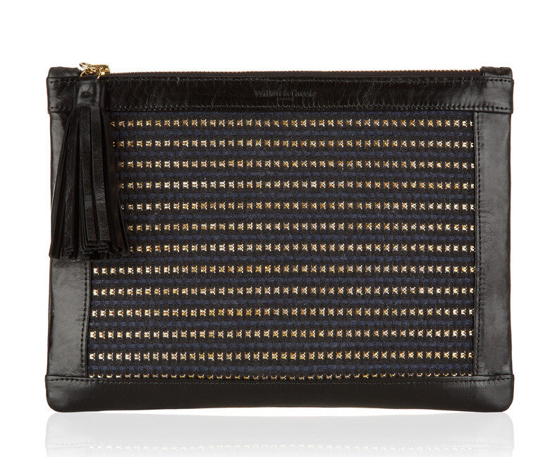 Wilbur & Gussie Truffle Clutch in Navy Blue Gold Tweed.jpg