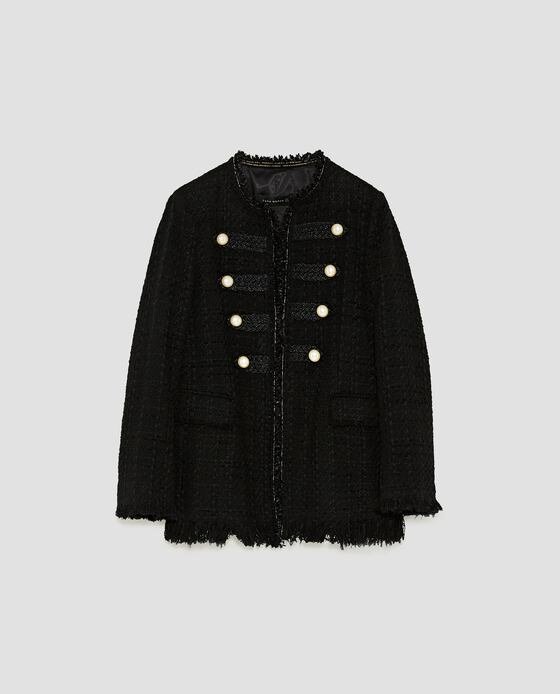 Zara Tweed Frayed Jacket with Pearl Buttons.jpg