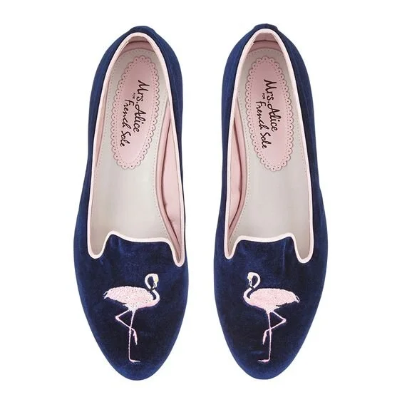 French Sole x Mrs Alice Hefner Slippers in Navy Velvet with Embroidered Flamingo
