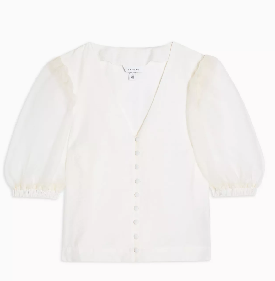 Topshop Organza Sleeve Button Through Blouse in Ivory