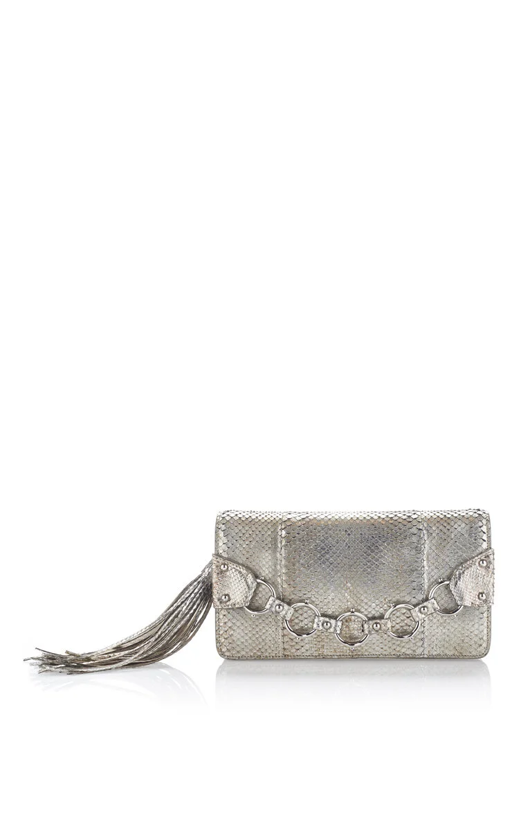 Roberto Cavalli Ring-Link Clutch in Silver Laminated Python