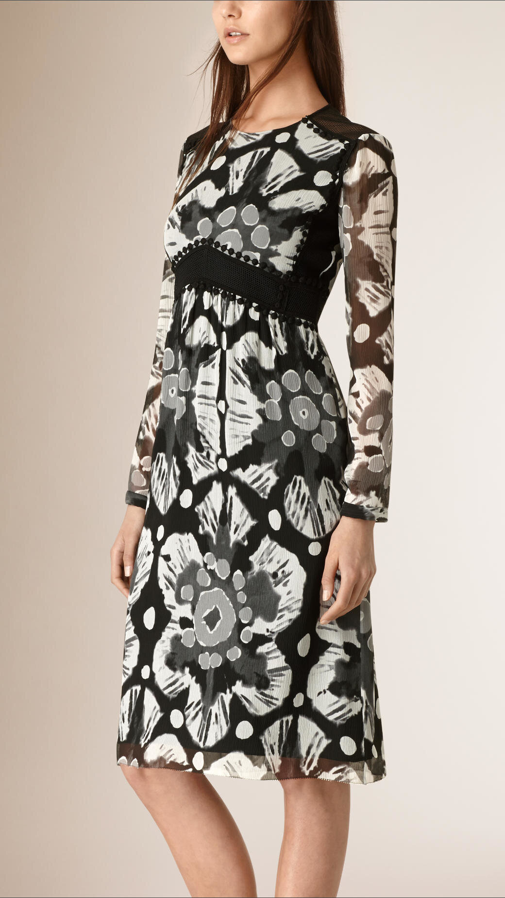 Burberry Tie-Dye Print Crepe De Chine And Lace Dress in Black.jpg