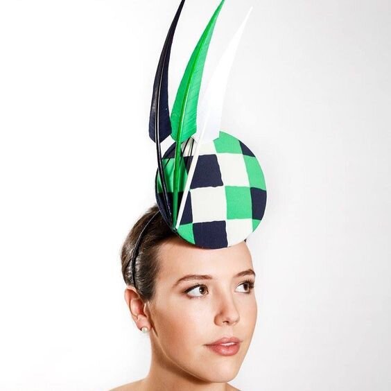 Meg Rafter Millinery Checkered Headpiece with Feathers in Navy, Green and White.jpg