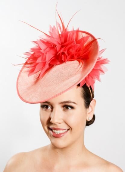 Meg Rafter Millinery Sinamay Cocktail Hat with Silk Flowers and Coque Feathers in Coral.jpg