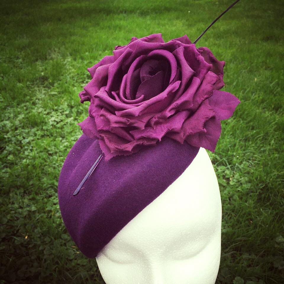 The Cotswold Milliner Teardrop Percher with Rose and Pheasant Feather in Plum.jpg
