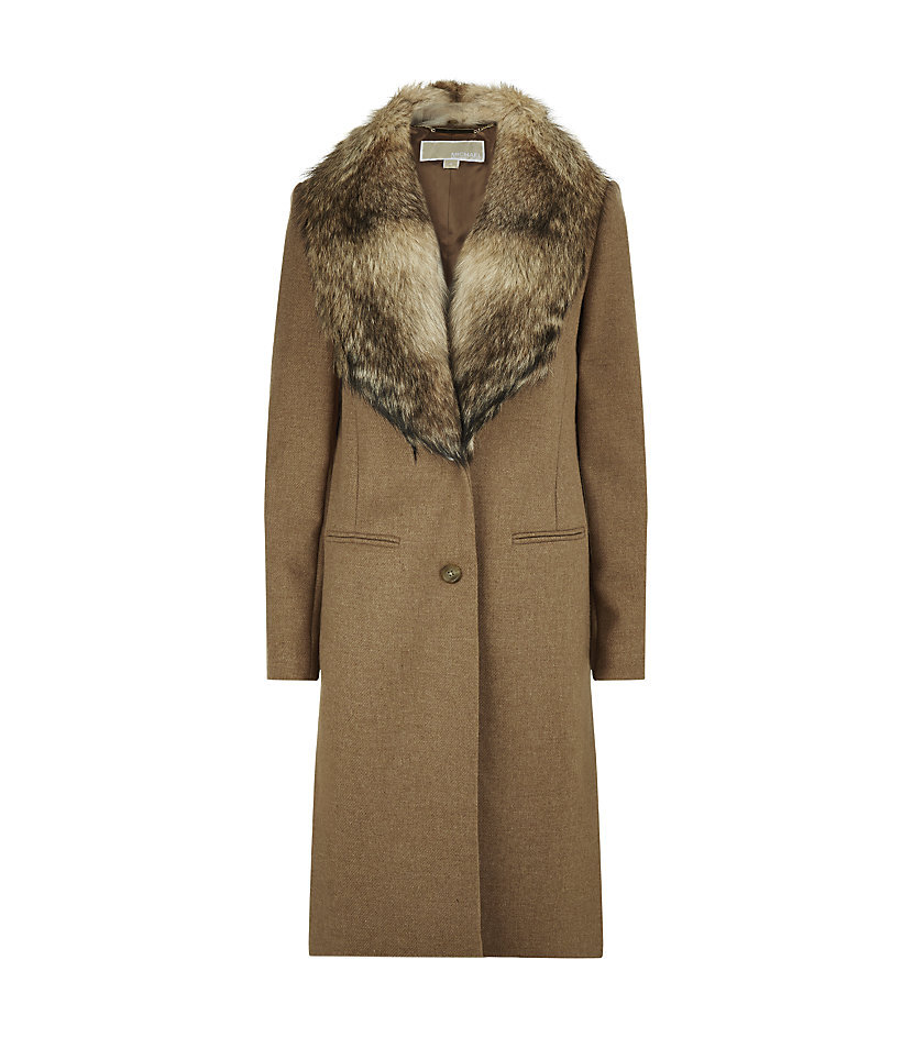Michael Michael Kors Single-Breasted Coat with Fur Collar in Brown.jpg