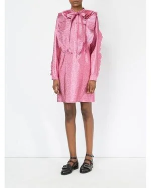 knee length dresses for ladies Gucci Pink Elasticated Waist Mini Dress with Ruffle on the Neckline an   Sellier