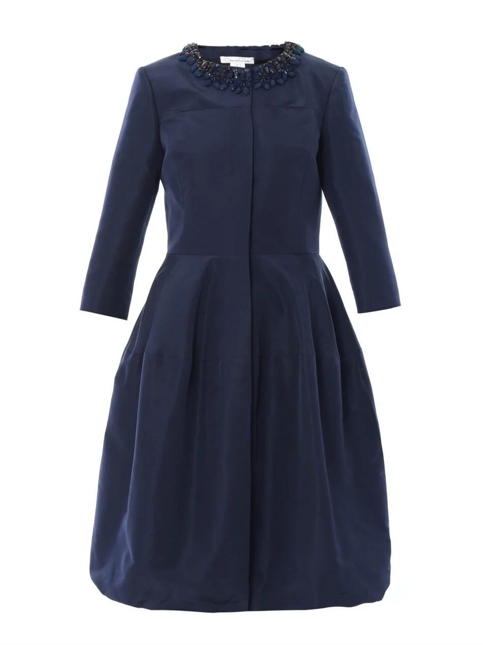 Oscar de la Renta Embellished Silk-Faille Coat in Navy
