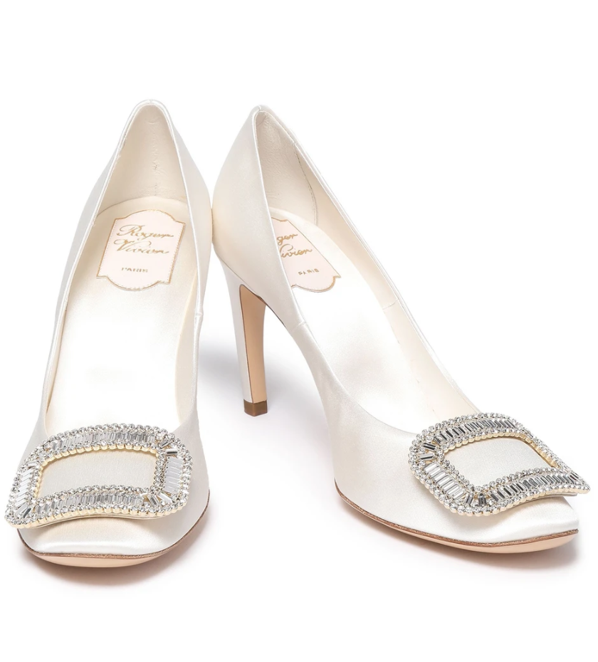 Roger Vivier Trompette Crystal-embellished Satin Pumps in White