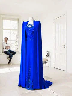 Jan Taminiau Embroidered Overlay Gown in Blue