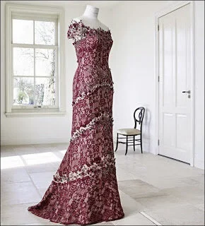 Jan Taminiau Embroidered Lace Gown in Burgundy