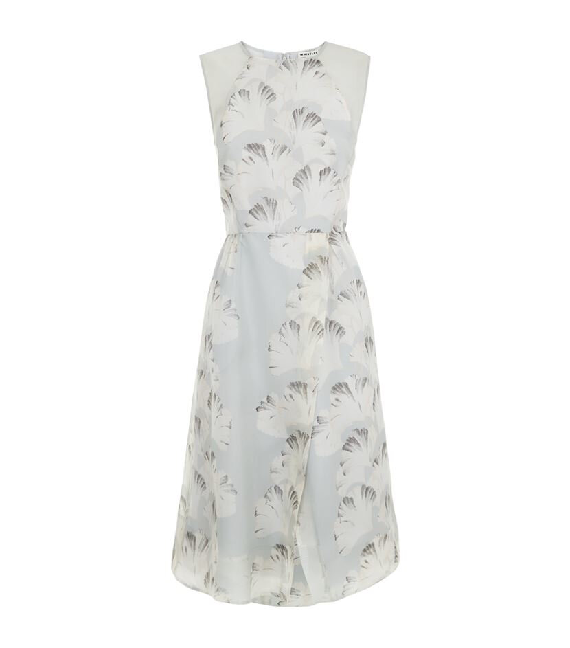 Whistles Palm Print Organza Midi Dress in White.jpg